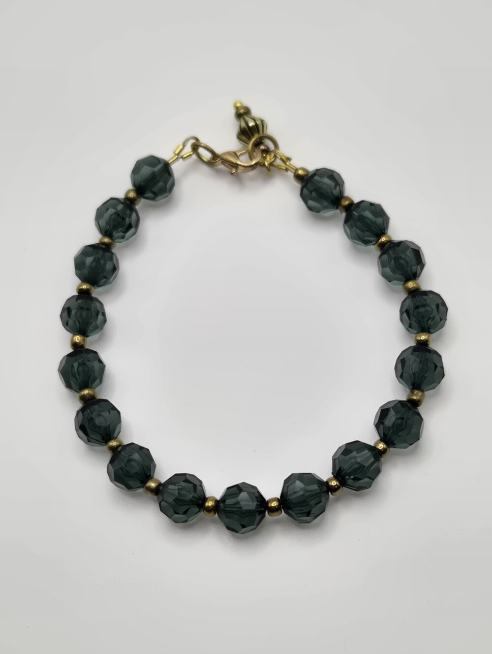 Smokey Green Faceted Bead Bracelet With Gold Tone Accent Handmade Jewelry